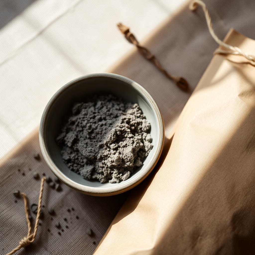 Raw grey clay powder in a stoneware bowl