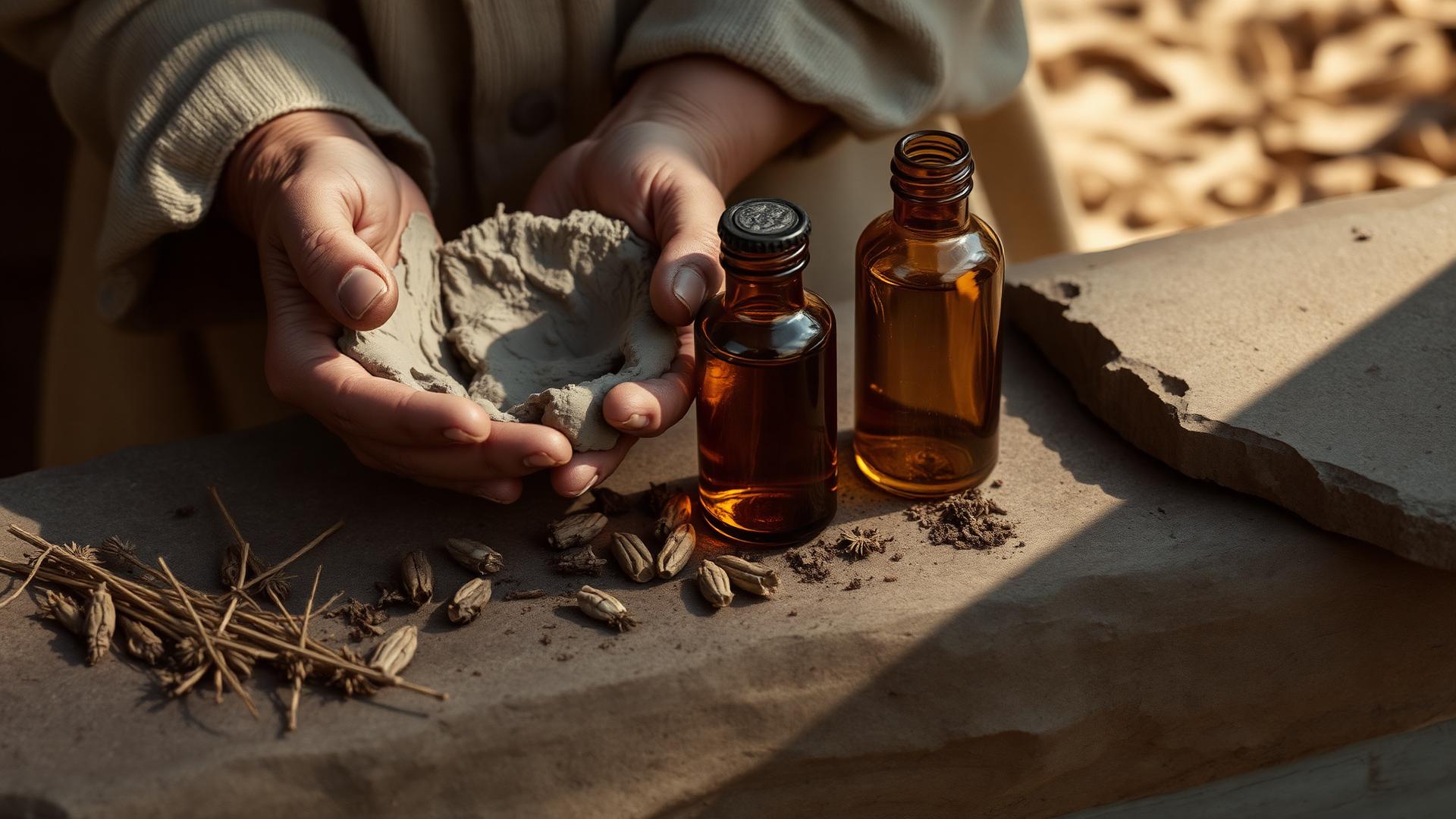 Hands holding raw clay beside amber oil bottles on a sunlit stone slab